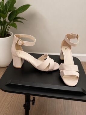 C Label Faye Ankle Strap Block Heels- Cream